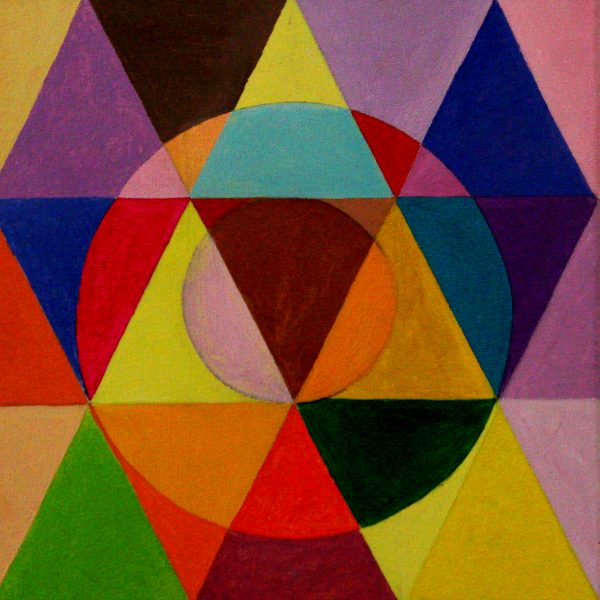 Triangoli adiacenti congruentie colorati in due cerchi 30x30 olio su tela anno 2021