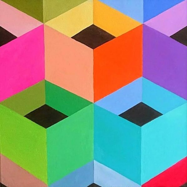 esaedri regolari e colorati anno2021 olio su tela misura50 x30
